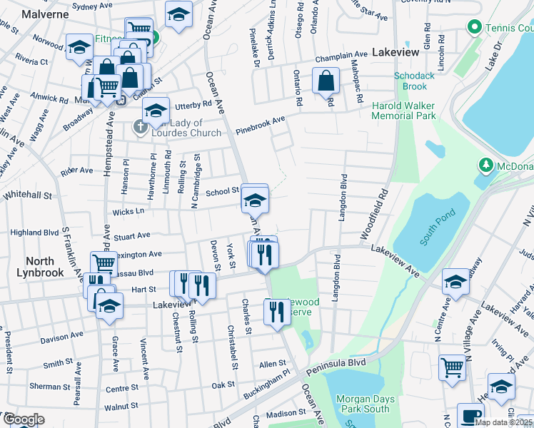 map of restaurants, bars, coffee shops, grocery stores, and more near 80 Ocean Avenue in Malverne