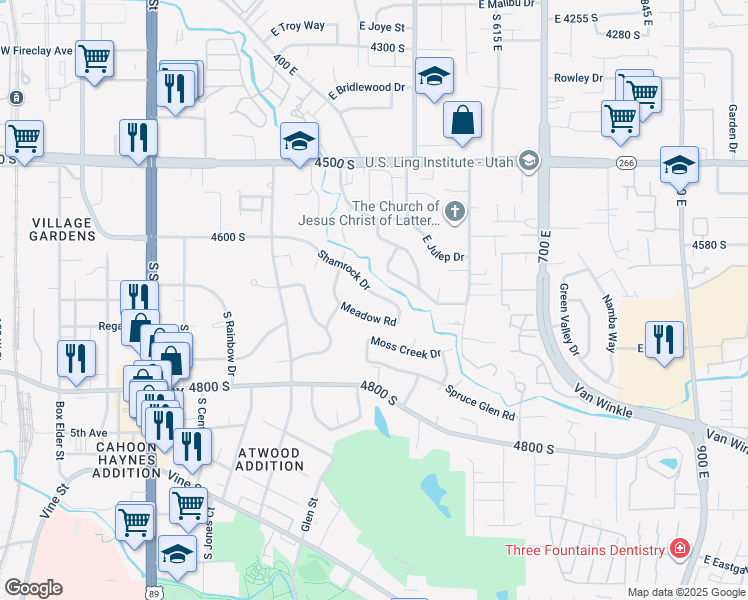 map of restaurants, bars, coffee shops, grocery stores, and more near 424 Shamrock Drive in Murray