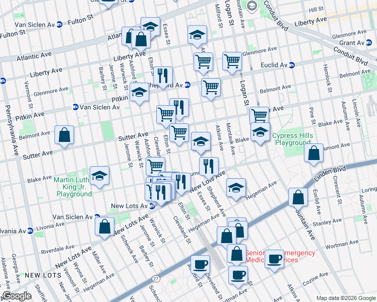 map of restaurants, bars, coffee shops, grocery stores, and more near Essex Street in Brooklyn