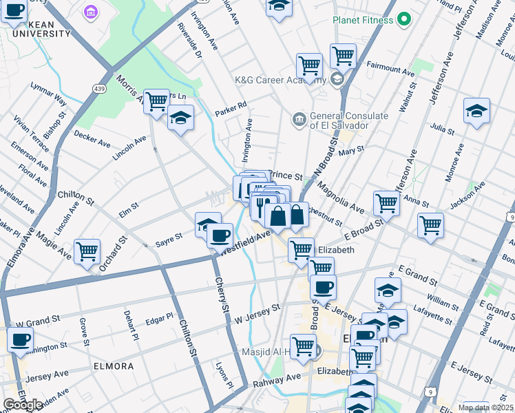 map of restaurants, bars, coffee shops, grocery stores, and more near 328 Morris Avenue in Elizabeth