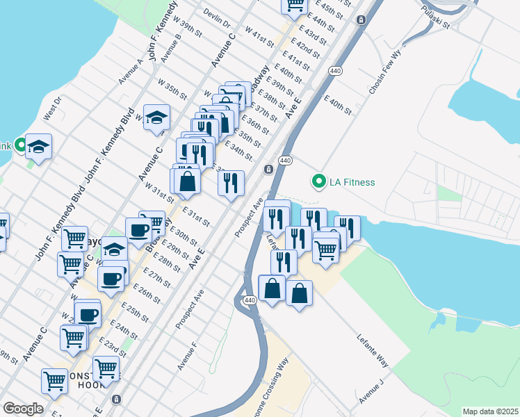 map of restaurants, bars, coffee shops, grocery stores, and more near 280 Prospect Avenue in Bayonne