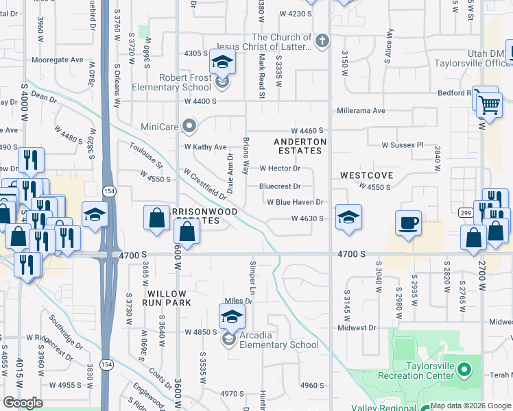 map of restaurants, bars, coffee shops, grocery stores, and more near 3396 Crestfield Drive in West Valley City