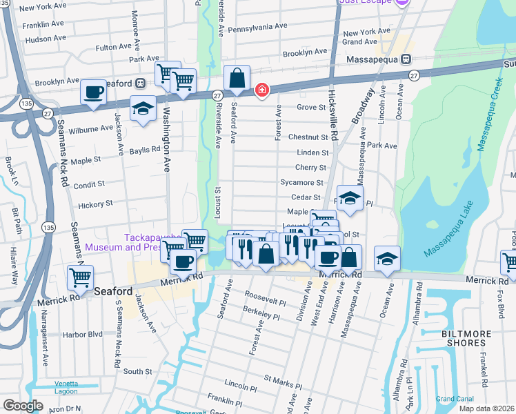 map of restaurants, bars, coffee shops, grocery stores, and more near 24 Maple Street in Massapequa
