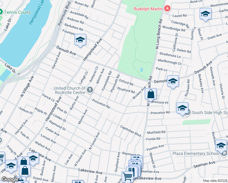 map of restaurants, bars, coffee shops, grocery stores, and more near 20 Wellsley Road in Rockville Centre