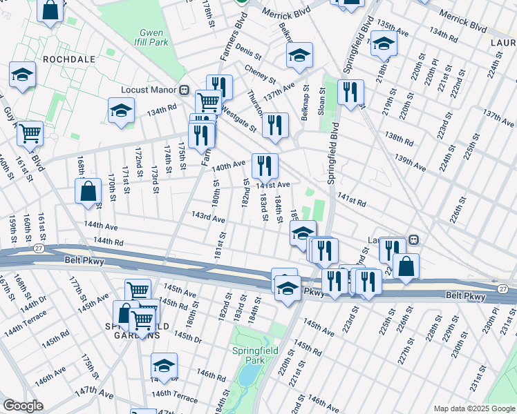 map of restaurants, bars, coffee shops, grocery stores, and more near 141-48 183rd Street in Queens