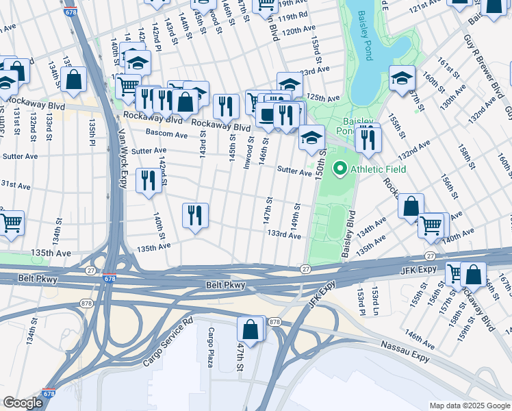 map of restaurants, bars, coffee shops, grocery stores, and more near 130-29 146th Street in Queens