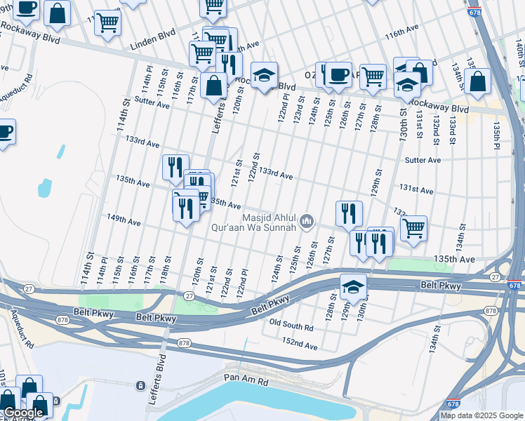 map of restaurants, bars, coffee shops, grocery stores, and more near 122-44 135th Avenue in Queens