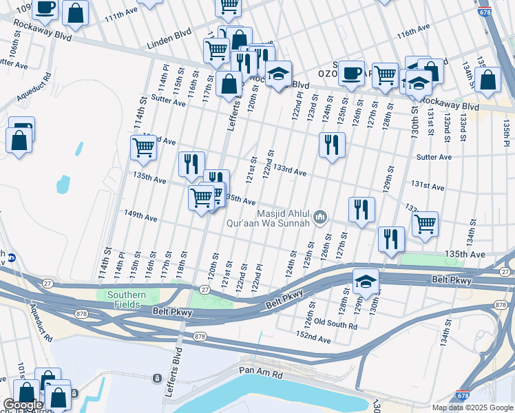 map of restaurants, bars, coffee shops, grocery stores, and more near 135-15 122nd Street in Queens