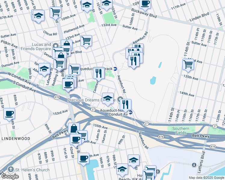 map of restaurants, bars, coffee shops, grocery stores, and more near 15005 Huron Street in Queens
