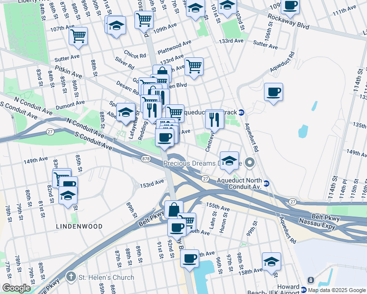 map of restaurants, bars, coffee shops, grocery stores, and more near 150-17 95th Street in Queens