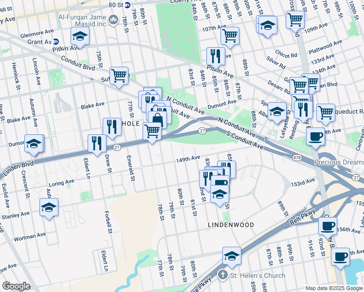 map of restaurants, bars, coffee shops, grocery stores, and more near 137-33 81st Street in Queens