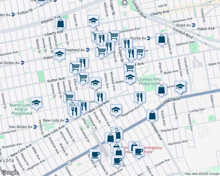 map of restaurants, bars, coffee shops, grocery stores, and more near 372 Atkins Avenue in Brooklyn