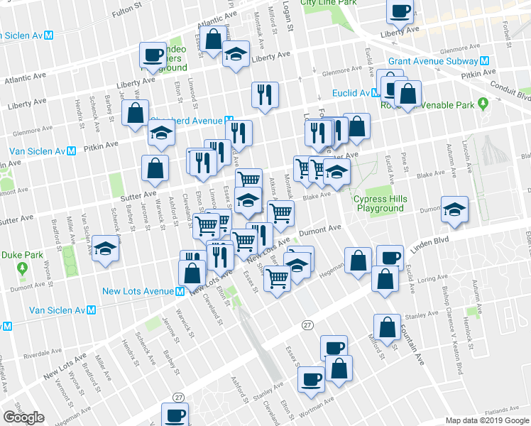 map of restaurants, bars, coffee shops, grocery stores, and more near 372 Atkins Avenue in Brooklyn