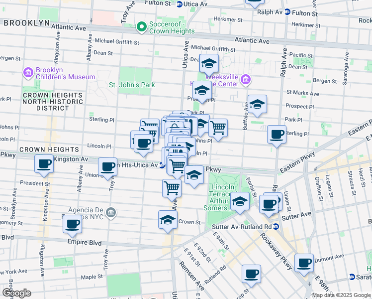map of restaurants, bars, coffee shops, grocery stores, and more near 1388 Lincoln Place in Brooklyn