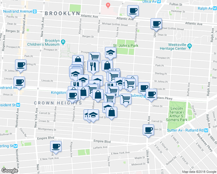 map of restaurants, bars, coffee shops, grocery stores, and more near 917 Eastern Parkway in Brooklyn