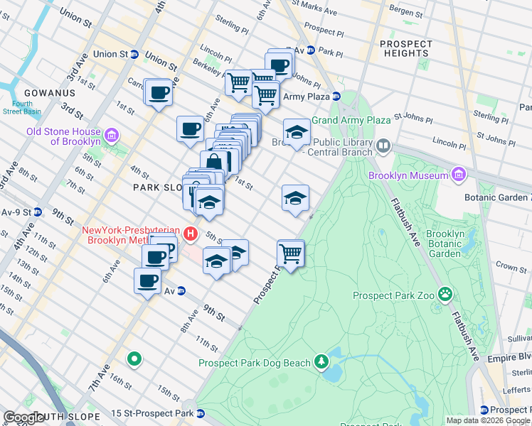 map of restaurants, bars, coffee shops, grocery stores, and more near 582 8th Street in Brooklyn