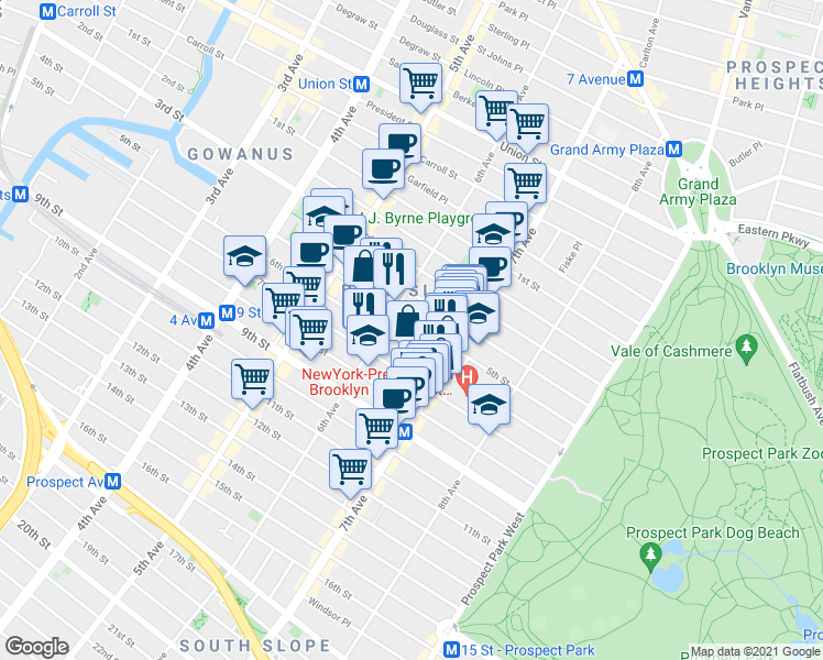 map of restaurants, bars, coffee shops, grocery stores, and more near 425 6th Street in Brooklyn