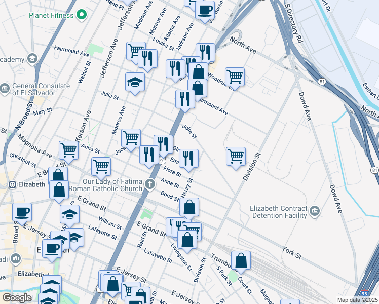 map of restaurants, bars, coffee shops, grocery stores, and more near 922-924 Olive Street in Elizabeth