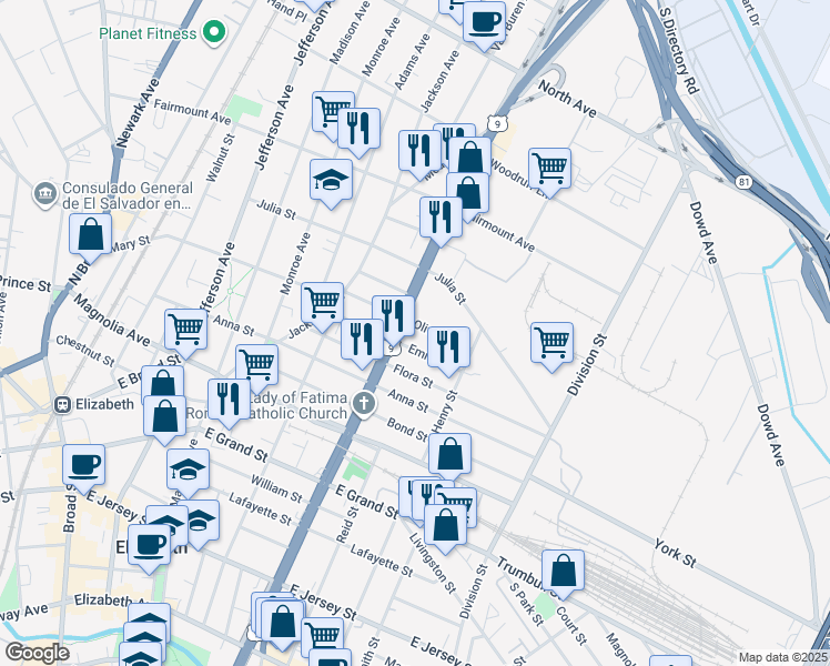 map of restaurants, bars, coffee shops, grocery stores, and more near 950 Emma Street in Elizabeth