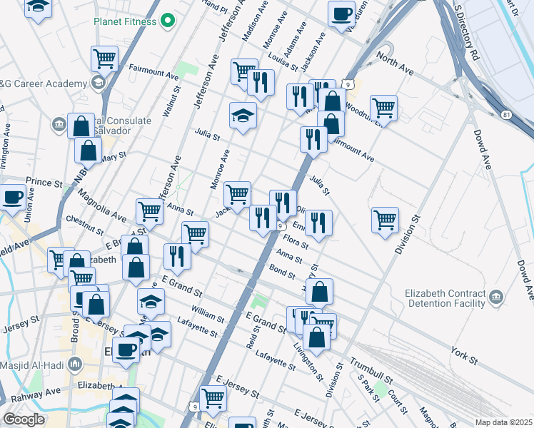 map of restaurants, bars, coffee shops, grocery stores, and more near 1015 Flora Street in Elizabeth