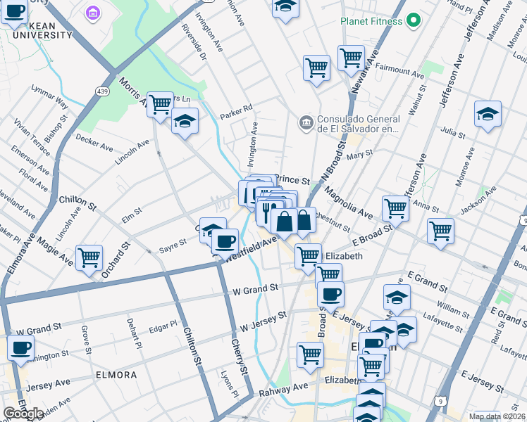 map of restaurants, bars, coffee shops, grocery stores, and more near 328 Morris Avenue in Elizabeth