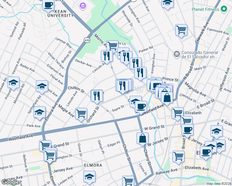 map of restaurants, bars, coffee shops, grocery stores, and more near 127 Orchard Street in Elizabeth