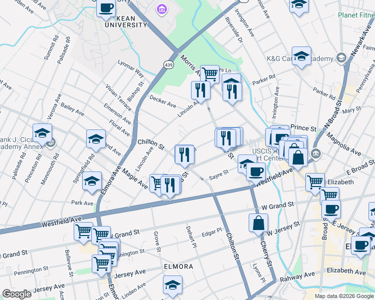 map of restaurants, bars, coffee shops, grocery stores, and more near 156 Elm Street in Elizabeth
