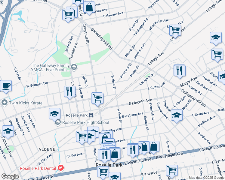 map of restaurants, bars, coffee shops, grocery stores, and more near 45 East Colfax Avenue in Roselle Park