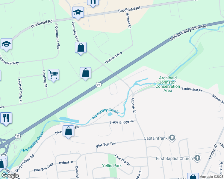 map of restaurants, bars, coffee shops, grocery stores, and more near 3668 Cottage Drive in Bethlehem