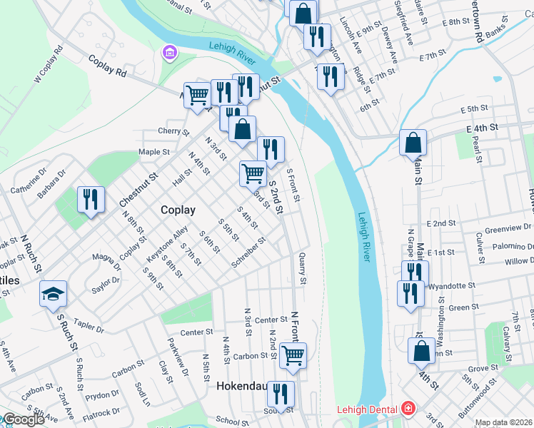 map of restaurants, bars, coffee shops, grocery stores, and more near 137 South 4th Street in Coplay