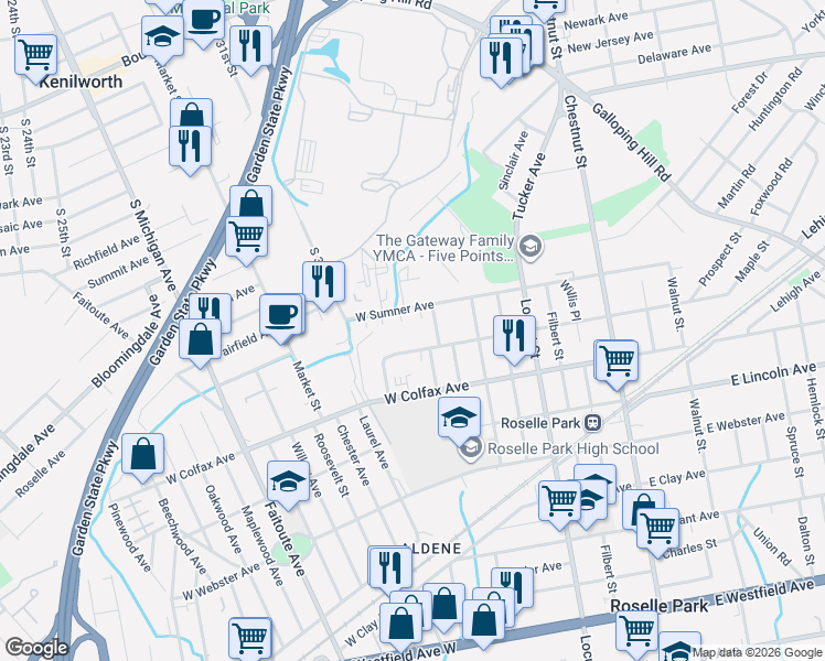 map of restaurants, bars, coffee shops, grocery stores, and more near 22B West Roselle Avenue in Roselle Park
