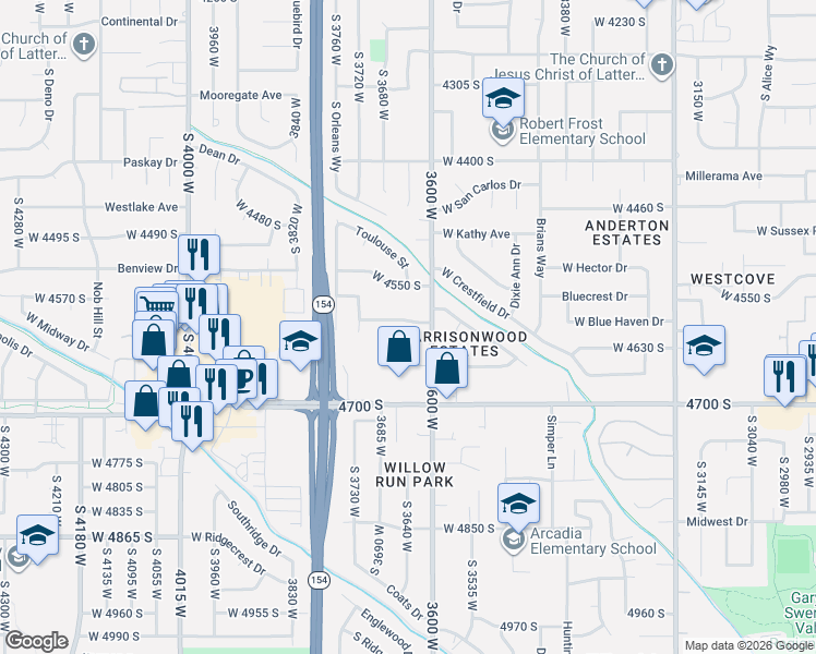 map of restaurants, bars, coffee shops, grocery stores, and more near 3639 Jasmine Street in West Valley City