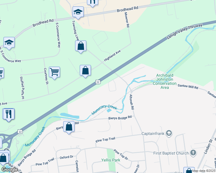 map of restaurants, bars, coffee shops, grocery stores, and more near 3671 Cottage Drive in Bethlehem