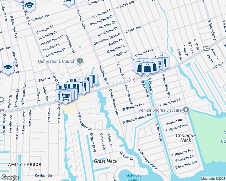 map of restaurants, bars, coffee shops, grocery stores, and more near 147 West Alhambra Avenue in Lindenhurst