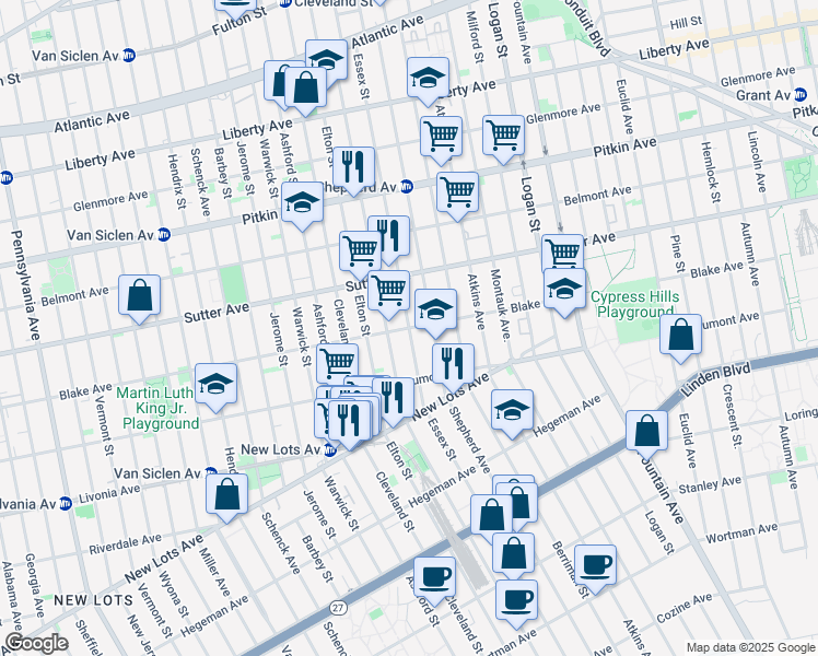 map of restaurants, bars, coffee shops, grocery stores, and more near Essex Street in Brooklyn