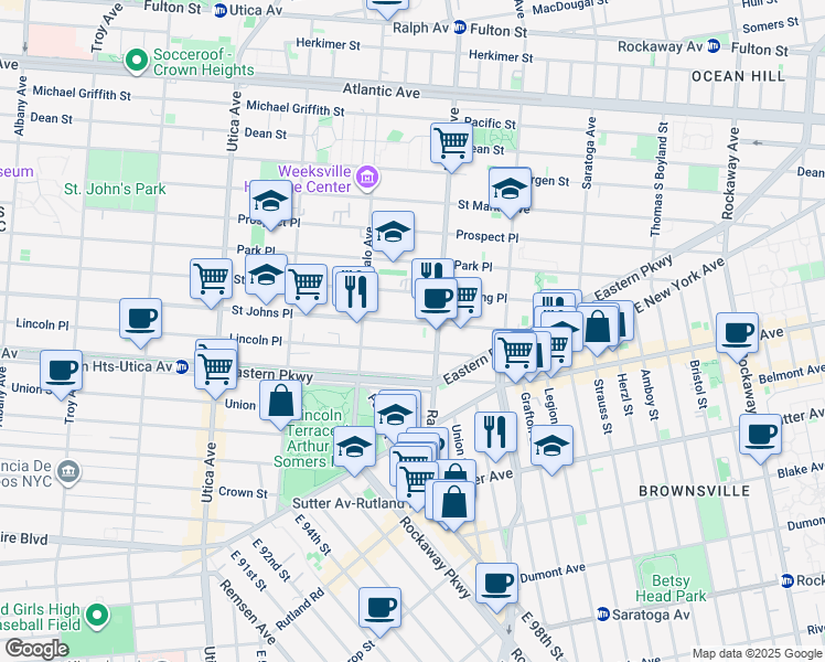 map of restaurants, bars, coffee shops, grocery stores, and more near 1640 Saint Johns Place in Brooklyn