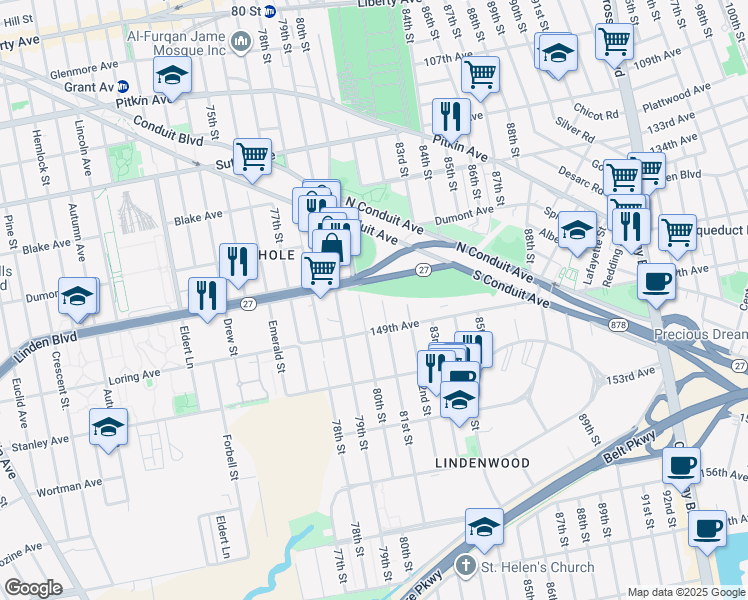 map of restaurants, bars, coffee shops, grocery stores, and more near 137-33 81st Street in Queens