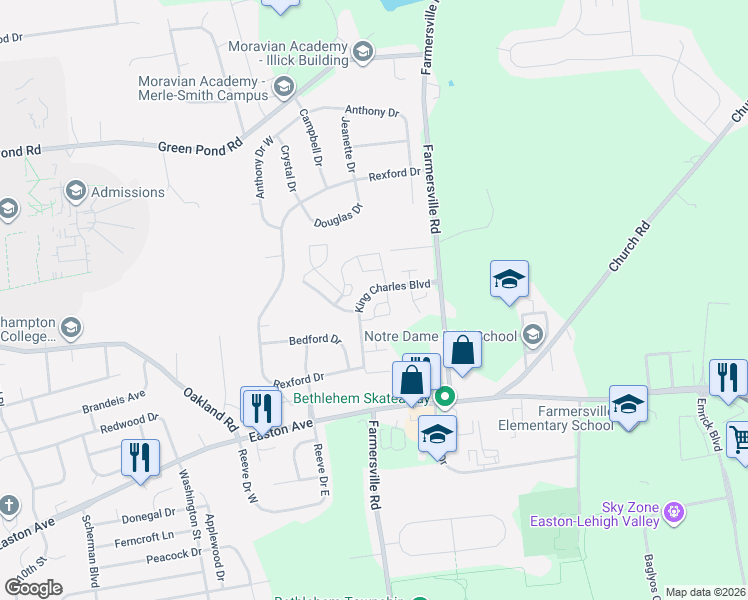 map of restaurants, bars, coffee shops, grocery stores, and more near 112 Founders Court in Bethlehem
