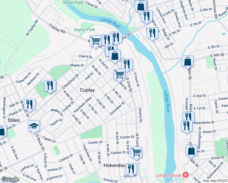 map of restaurants, bars, coffee shops, grocery stores, and more near 110 South 4th Street in Coplay