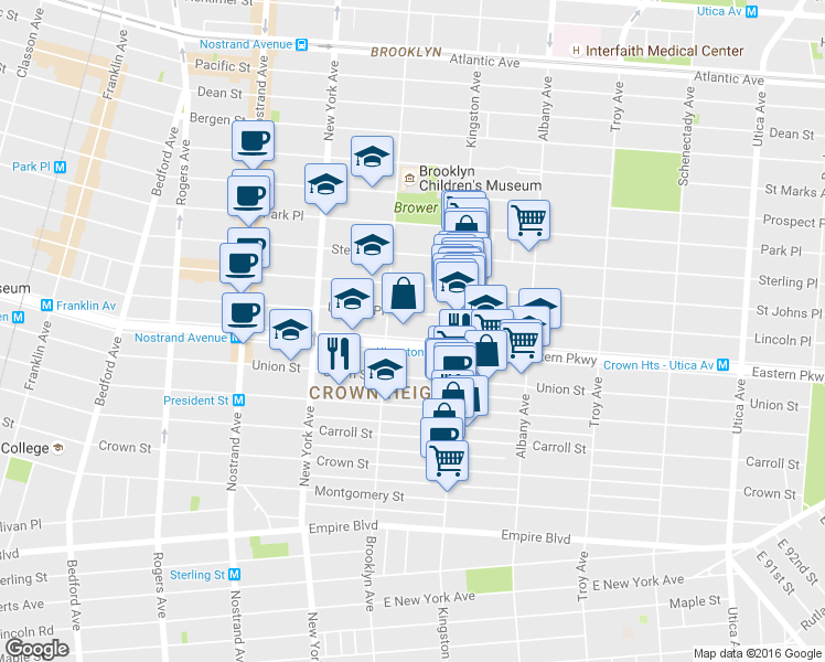 map of restaurants, bars, coffee shops, grocery stores, and more near 733 Eastern Parkway in Brooklyn