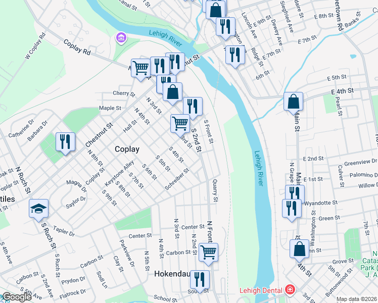 map of restaurants, bars, coffee shops, grocery stores, and more near 137 South 4th Street in Coplay