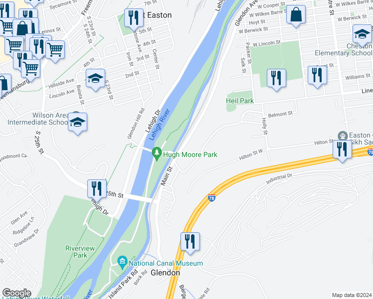 map of restaurants, bars, coffee shops, grocery stores, and more near 146 Main Street in Glendon