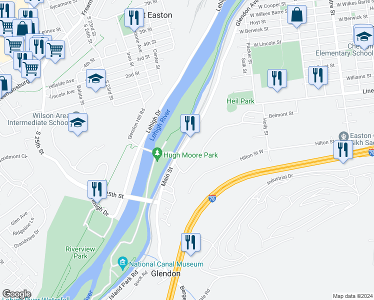 map of restaurants, bars, coffee shops, grocery stores, and more near 146 Main Street in Glendon