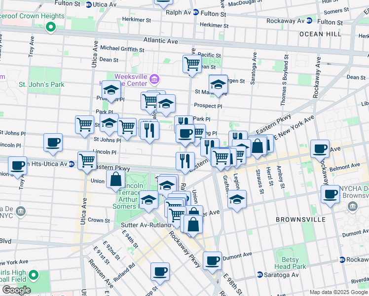 map of restaurants, bars, coffee shops, grocery stores, and more near 1619 Lincoln Place in Brooklyn