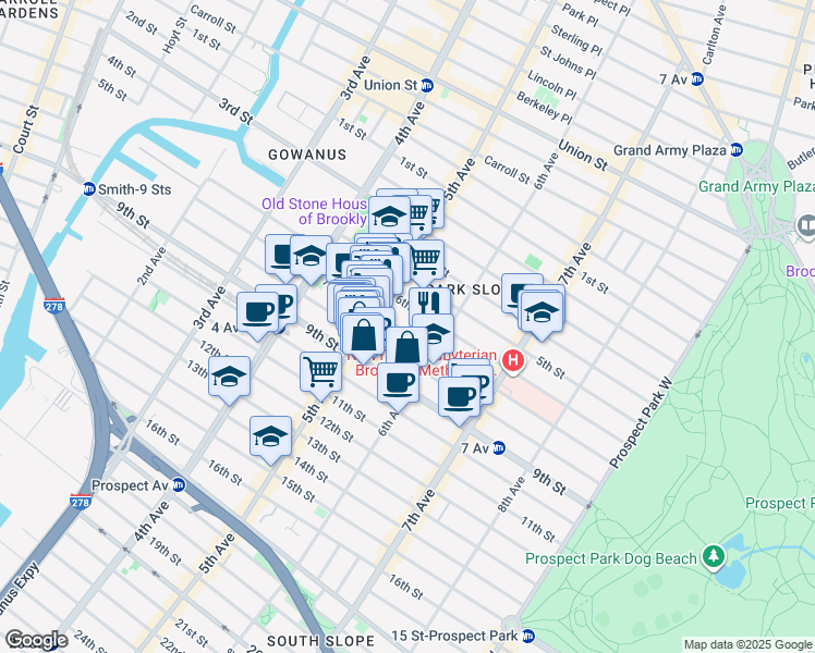 map of restaurants, bars, coffee shops, grocery stores, and more near 315 8th Street in Brooklyn