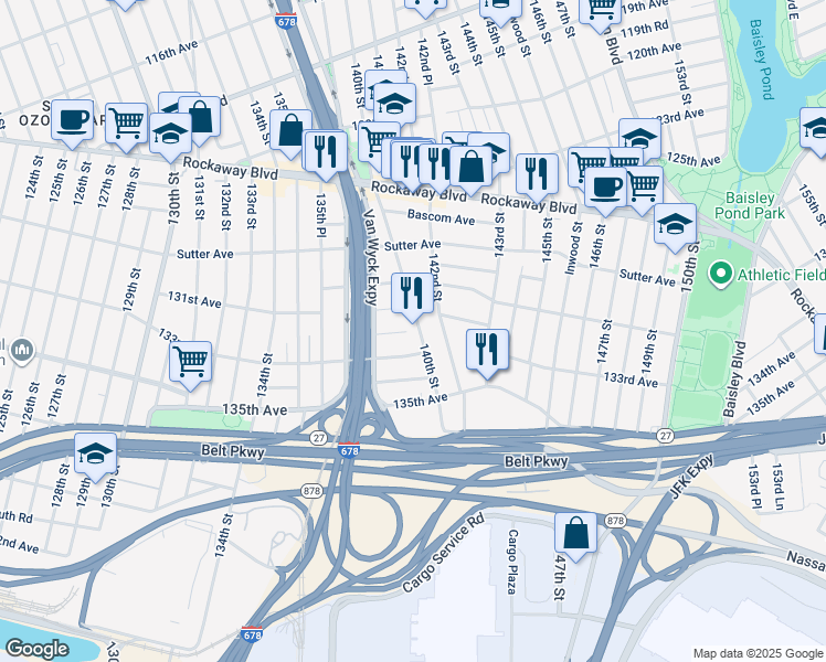 map of restaurants, bars, coffee shops, grocery stores, and more near 132-15 140th Street in Queens