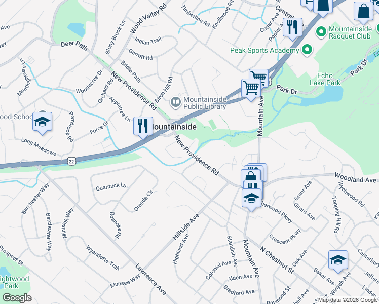 map of restaurants, bars, coffee shops, grocery stores, and more near 171 New Providence Road in Mountainside
