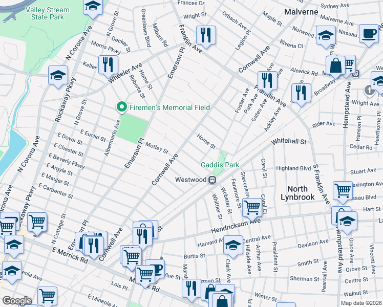 map of restaurants, bars, coffee shops, grocery stores, and more near 64 Webster Street in Malverne