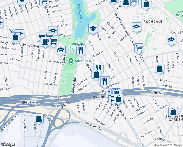 map of restaurants, bars, coffee shops, grocery stores, and more near 152-22 134th Avenue in Queens