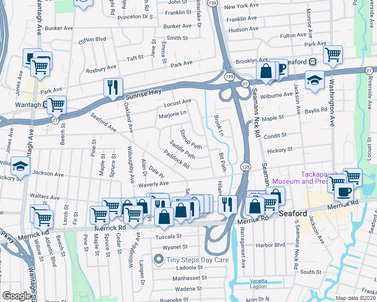 map of restaurants, bars, coffee shops, grocery stores, and more near 2110 Saddle Path in Seaford